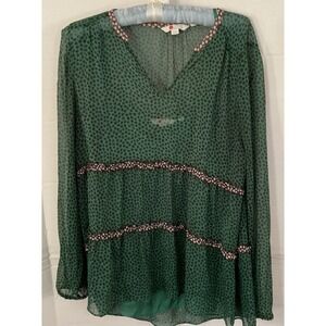 Boden Green Clover Print Tiered Ruffle sheer Blouse with Camisole US 10 UK 14